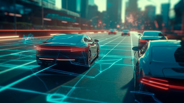 Concept of an autonomous car sensor system for the safety of driverless mode car control Adaptive cruise control in the future will detect neighboring vehicles and pedestrians Generative AI