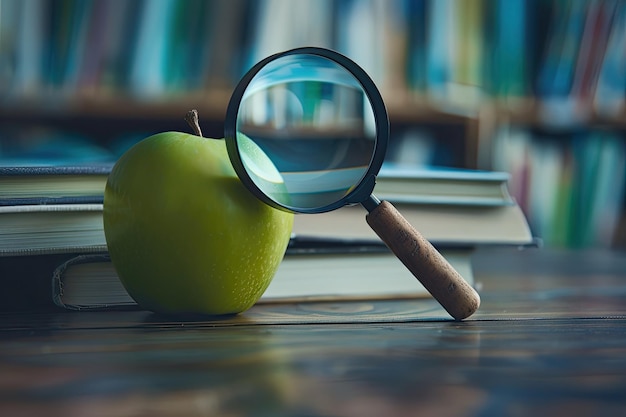 Photo concept back to school green apple with magnifying glass on a space of books