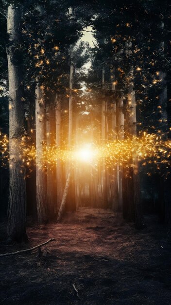 concept background photo of light burst among trees and glitter golden bokeh sparkles