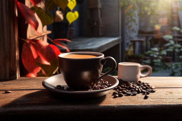 Concept BannerMany coffee beans are laid on wooden barrels and all around and there are coffee cup