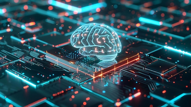 The concept of big data and artificial intelligence A human brain glowing from a processor