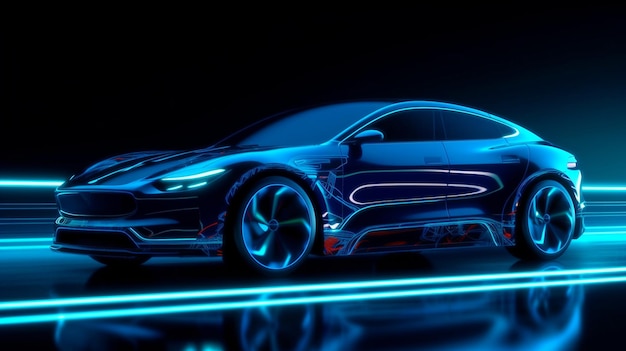 Concept of a blue neon glowing in the dark electric car driving at great speed Generative AI rapid evolution