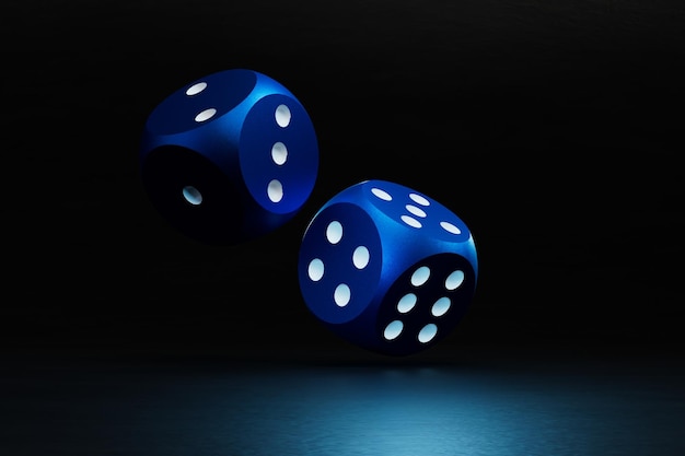 The concept of board games blue dice with white dots on an illuminated black background 3D render