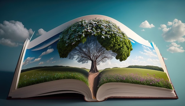 The concept of a book or tree of knowledge growing from an old open book