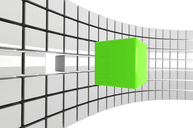 Concept of bright green cube detached out of the crowd