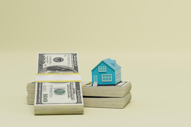 The concept of buying real estate a house standing on bundles of dollar bills 3D render