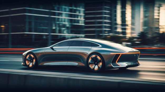 The concept car of the future is shown on a city street.