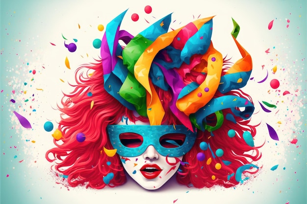 Concept of the Carnival Colorful masks crazy wigs symbol of the explosion of joy and color White background Generative AI