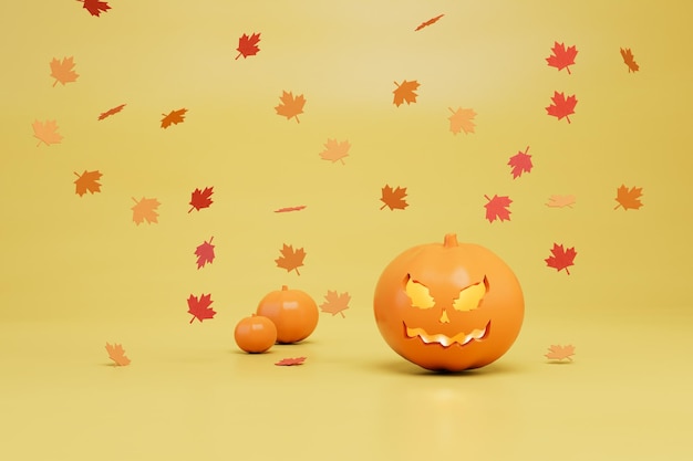 The concept of celebrating Halloween pumpkins and leaves flying around them on a yellow background 3D render