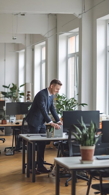 Photo concept of celebration and happiness man in formal clothes is working in the modern office