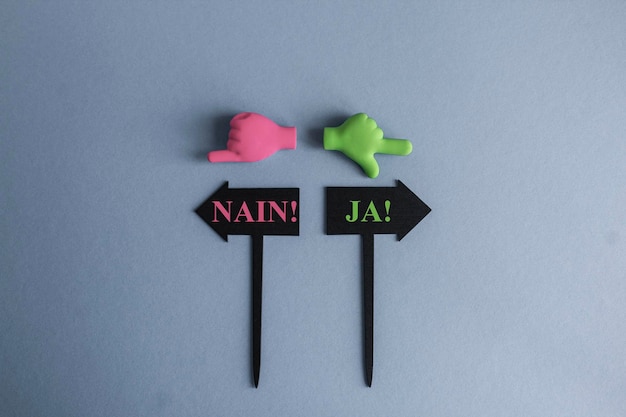 Concept change yes or no in German BLACK ARROWSHAPED PLAQUES WITH THE WORDS Ja and Nain