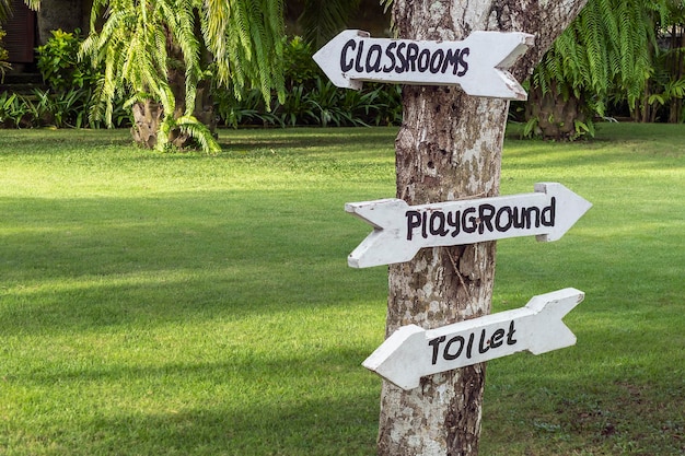 Concept of child development in nature Wooden pointer in the kindergarten outdoors