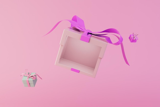 The concept of choosing gifts gift boxes flying across pastel backgrounds 3D render