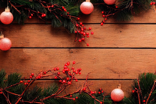 Concept of Christmas day top down view Christmas border design with decoration wooden background Holly berries and snow on a wooden background