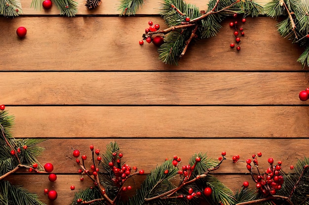 Concept of Christmas day top down view Christmas border design with decoration wooden background Holly berries and snow on a wooden background