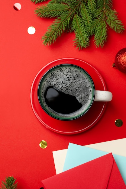 Concept of Christmas and Happy New Year Christmas coffee top view