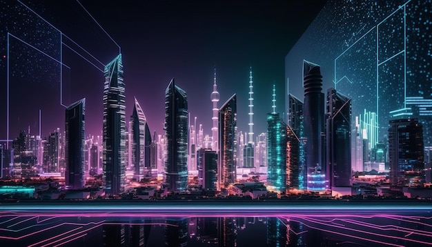 Concept of the city of the future in neon colors