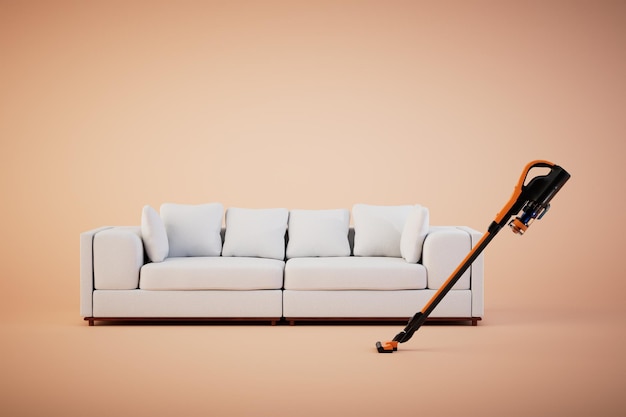 The concept of cleaning the living room a sofa and a washing vacuum cleaner on a pastel background