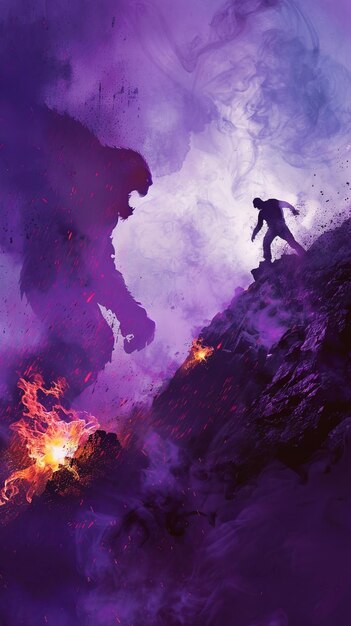 Concept or conceptual 3D illustration of a silhouette of a man climbing a cliff over a fire and smok