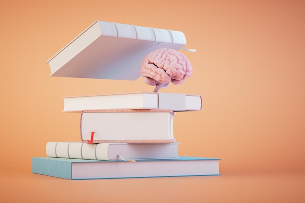 The concept of continuous learning a stack of books and a brain on a pastel background 3D render