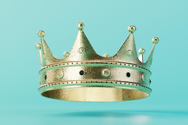 The concept of coronation a large golden crown on a turquoise background 3D render