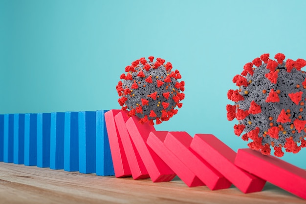 Concept of covid19 coronavirus pandemic with falling chain like a domino game. Contagion and infection progression. Cyan wall