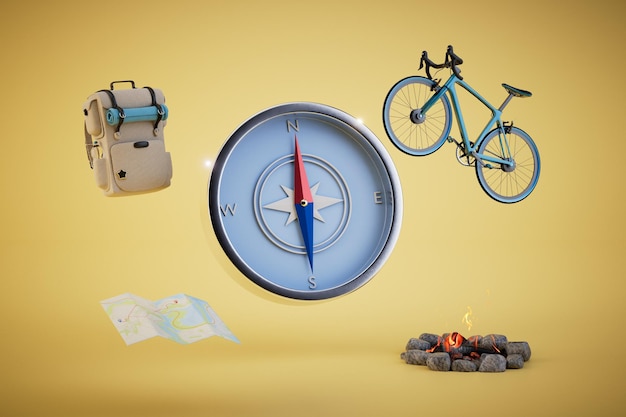 The concept of cycling compass bicycle map hiking backpack bonfire on a yellow background 3D render