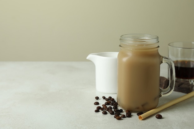 Concept of delicious drink with Irish coffee on white textured table