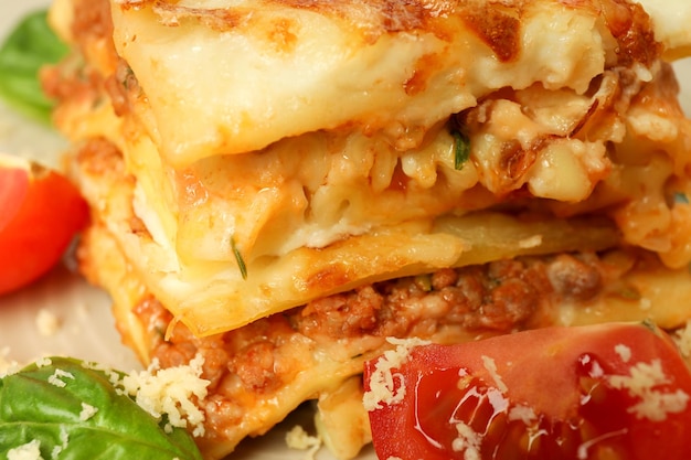 Concept of delicious food lasagna close up