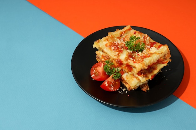 Concept of delicious food Lasagna space for text