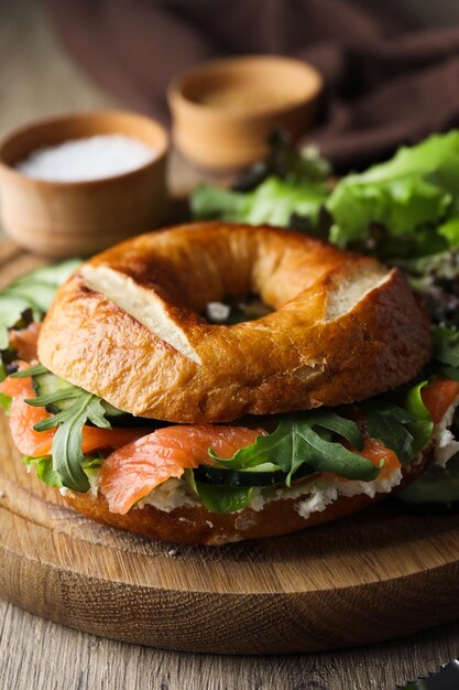 Concept of delicious food tasty bagel sandwich