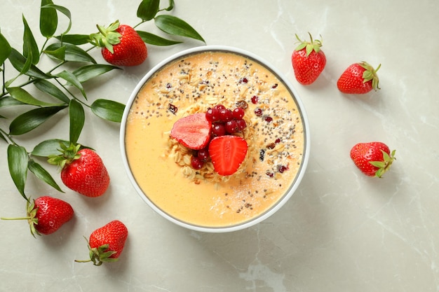 Concept of delicious food with smoothie with different ingredients top view