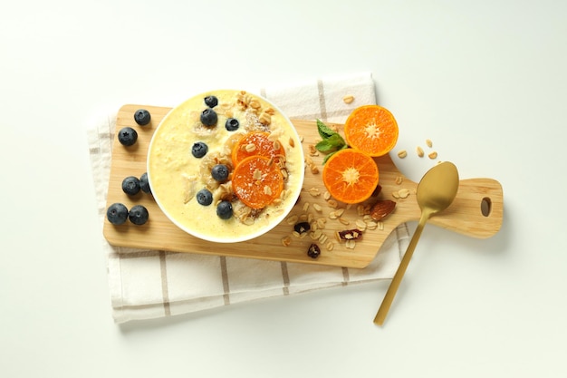 Concept of delicious food with smoothie with different ingredients top view