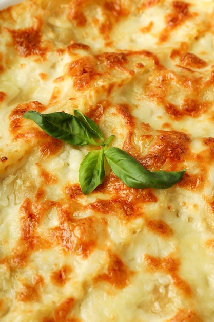 Concept of delicious Italian cuisine food Lasagna closeup