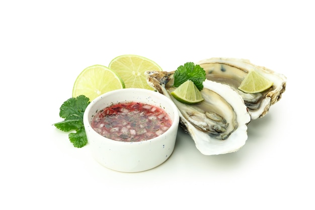 Concept of delicious seafood oysters isolated on white background