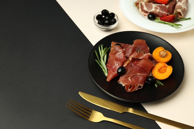 Concept of delicious Spanish cuisine jamon space for text