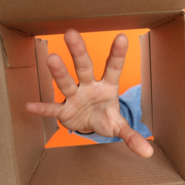 Concept of delivery surprise gift female hand and cardboard box on orange background