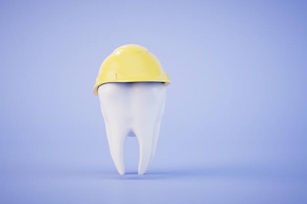 The concept of dental protection a tooth in a protective helmet on a blue background 3D render