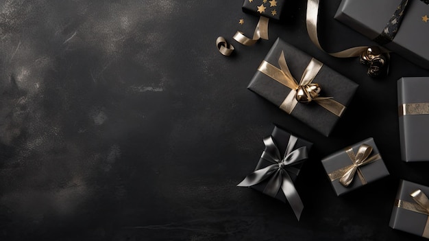 Concept design of gift box and black tape on black background