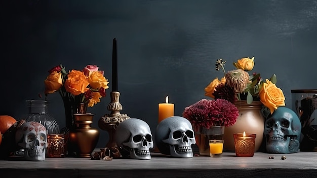 Concept design of skulls candles and flowers for Day of the Dead banner