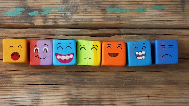 Photo concept of different emotions drawn on colorful cubes wooden background