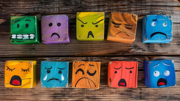 Photo concept of different emotions drawn on colorful cubes wooden background