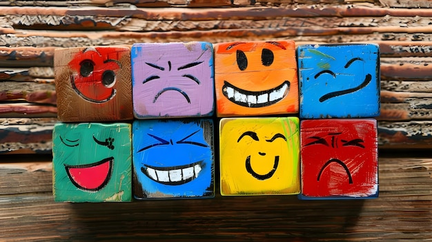 Photo concept of different emotions drawn on colorful cubes wooden background