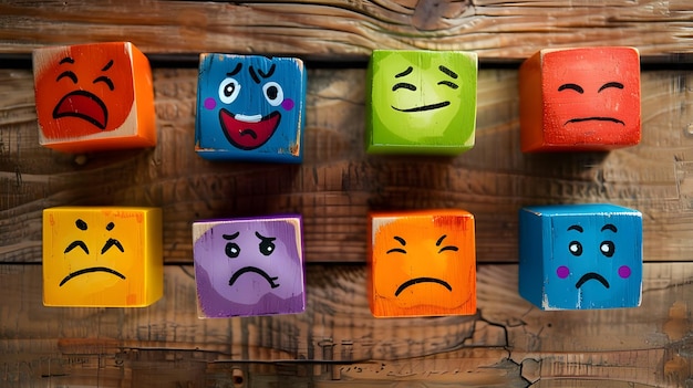 Photo concept of different emotions drawn on colorful cubes wooden background