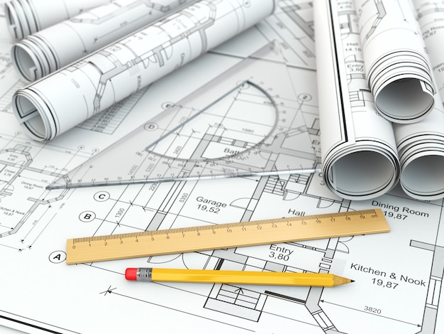 Concept of drawing. Blueprints and drafting tools. 3d