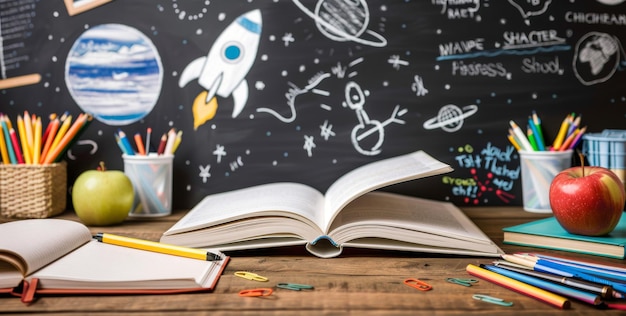 Photo concept drawing of a school desk and rocket on a blackboard with supplies