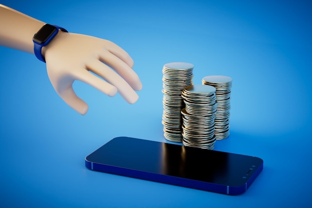 The concept of earning money on the Internet a hand reaching for a smartphone and stacks of dollars