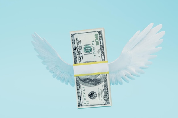 The concept of earning money a wad of dollars flying on a blue background 3D render