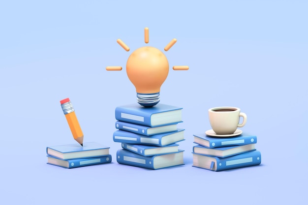 Concept of education research and start up idea Stack of books light bulb pencil and coffee cup over blue background 3d illustration