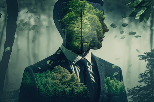 Concept of environment caring devotion shown by businessman and forest double exposure Generative AI